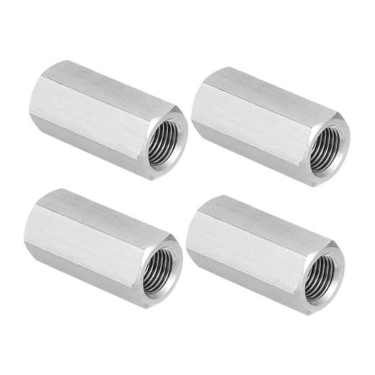 Set of 4 stainless steel hex coupling nuts with internal threads, polished finish