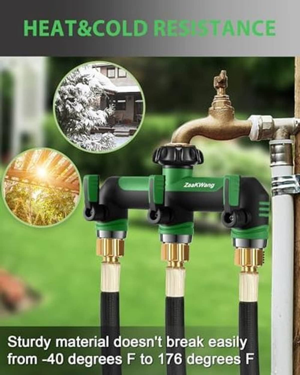 3-way garden hose splitter with green housing and brass connectors, three-way outlets
