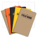 Five-pack pocket field notebooks with kraft, orange, black, yellow, and brown covers