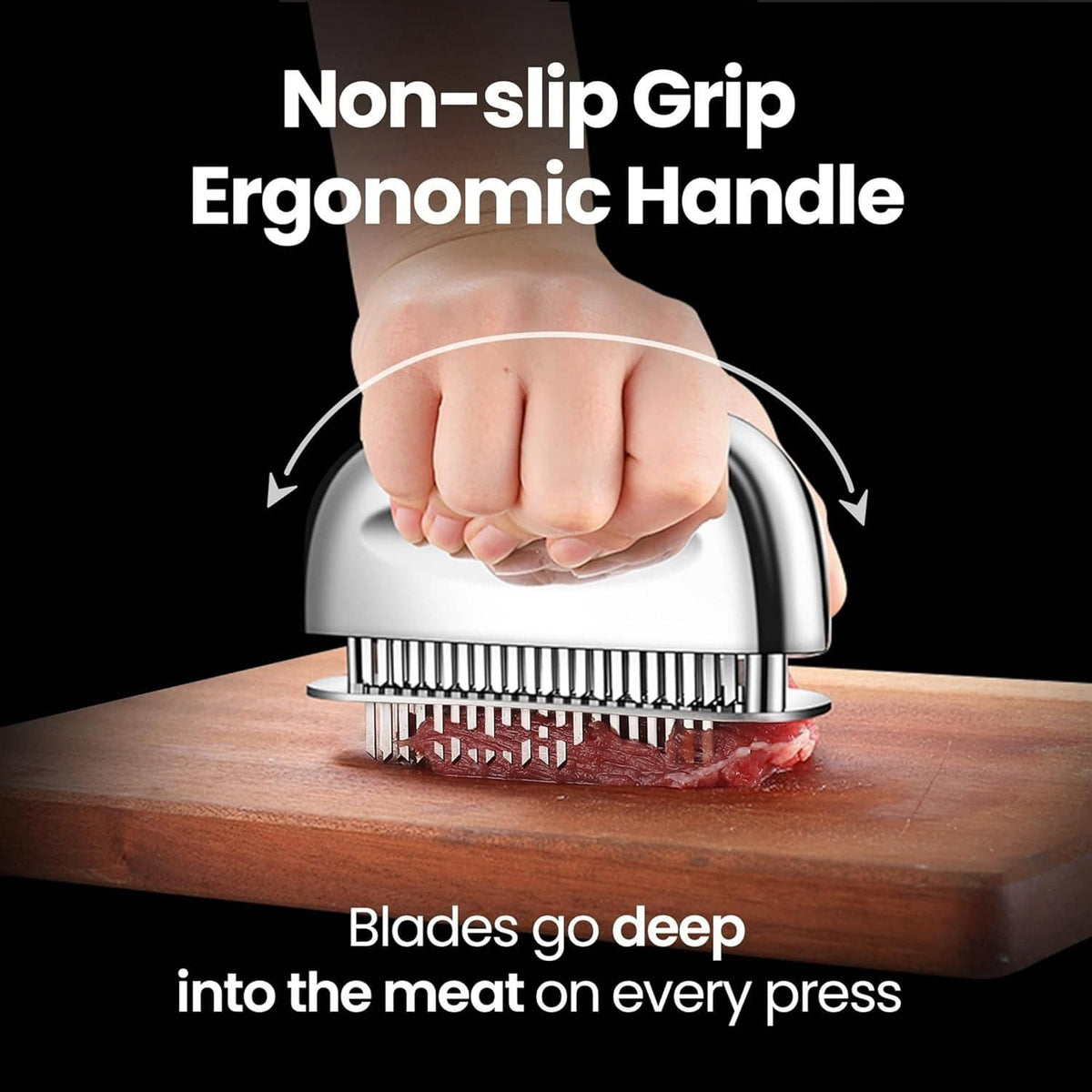 Handheld meat tenderizer with ergonomic non-slip grip and needle blade base