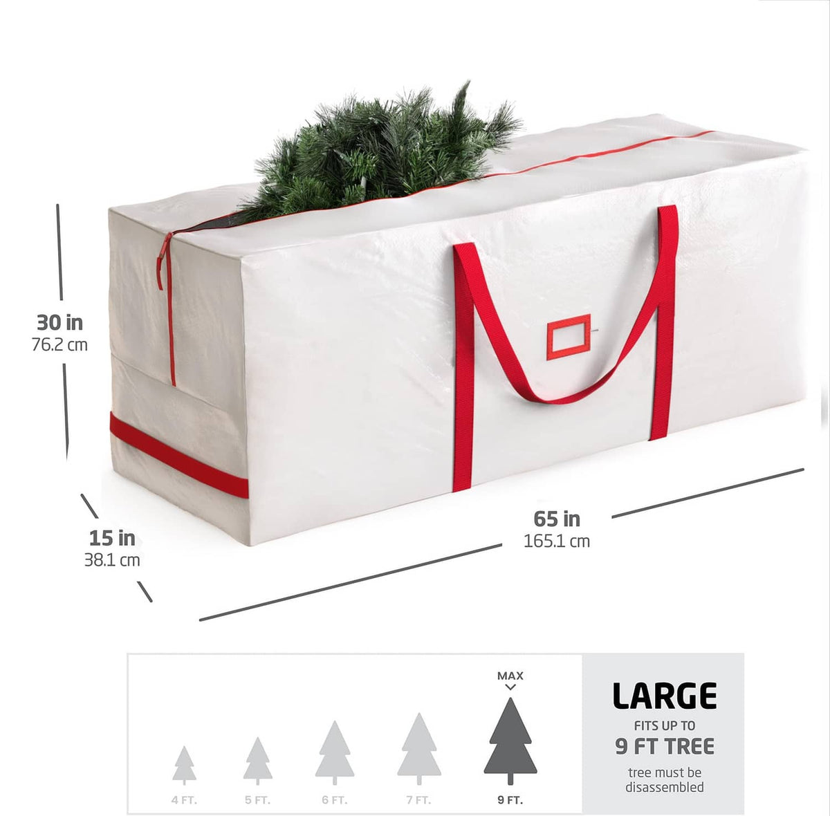 Large white Christmas tree storage bag with red handles, shown with 9 ft dimensions.