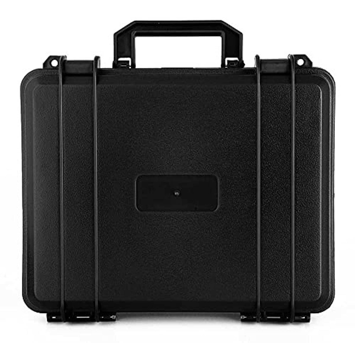 Black hard case with central carry handle and textured outer surface