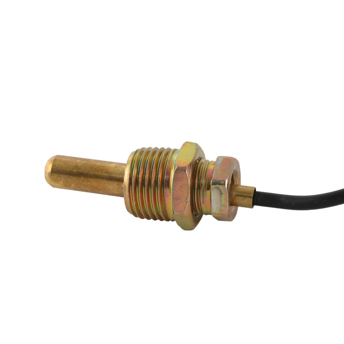 Brass water temperature sensor with threaded body and black wire lead