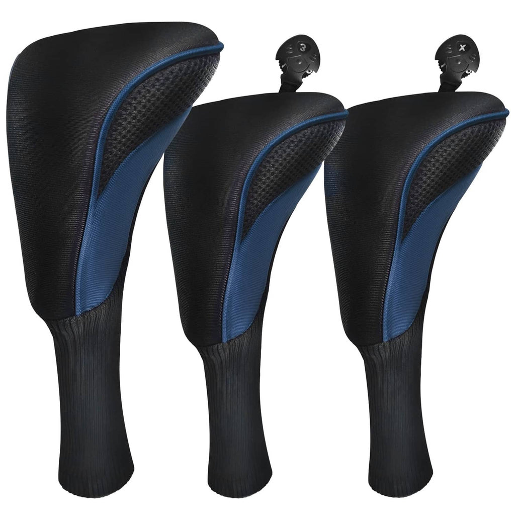 Golf wood head cover set (3), black with blue edging, for fairway/driver