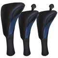 Golf wood head cover set (3), black with blue edging, for fairway/driver