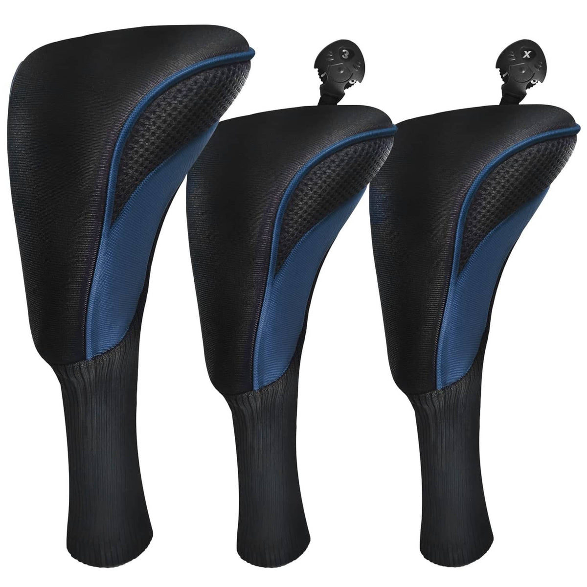 Golf wood head cover set (3), black with blue edging, for fairway/driver
