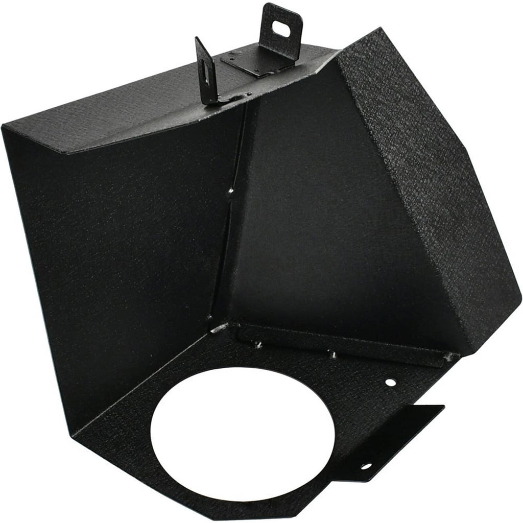 Black airbox housing with round inlet cutout and metal mounting bracket
