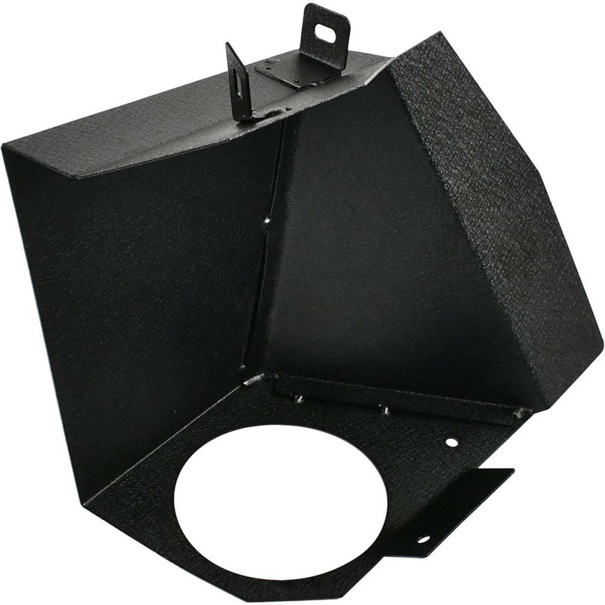 Black airbox housing with round inlet cutout and metal mounting bracket