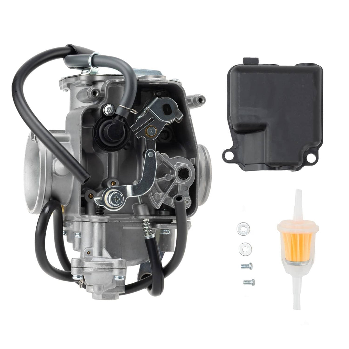 Carburetor carb assembly side view with black air box cover and fuel filter