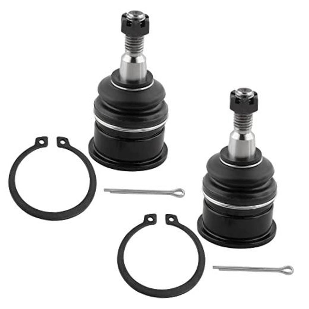 2 front upper ball joints with black rubber boots, metal studs, retaining rings, bolts