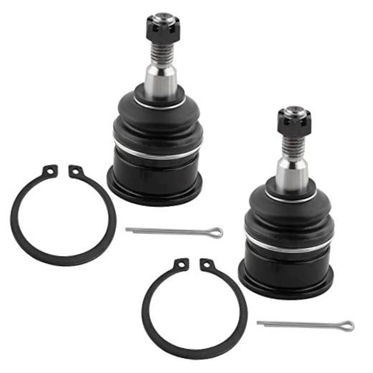 2 front upper ball joints with black rubber boots, metal studs, retaining rings, bolts