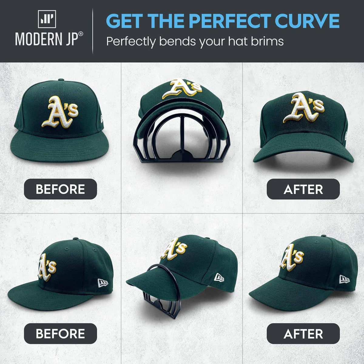 Hat brim bender 4-pack on dark green cap, with curved black guides shown before and after