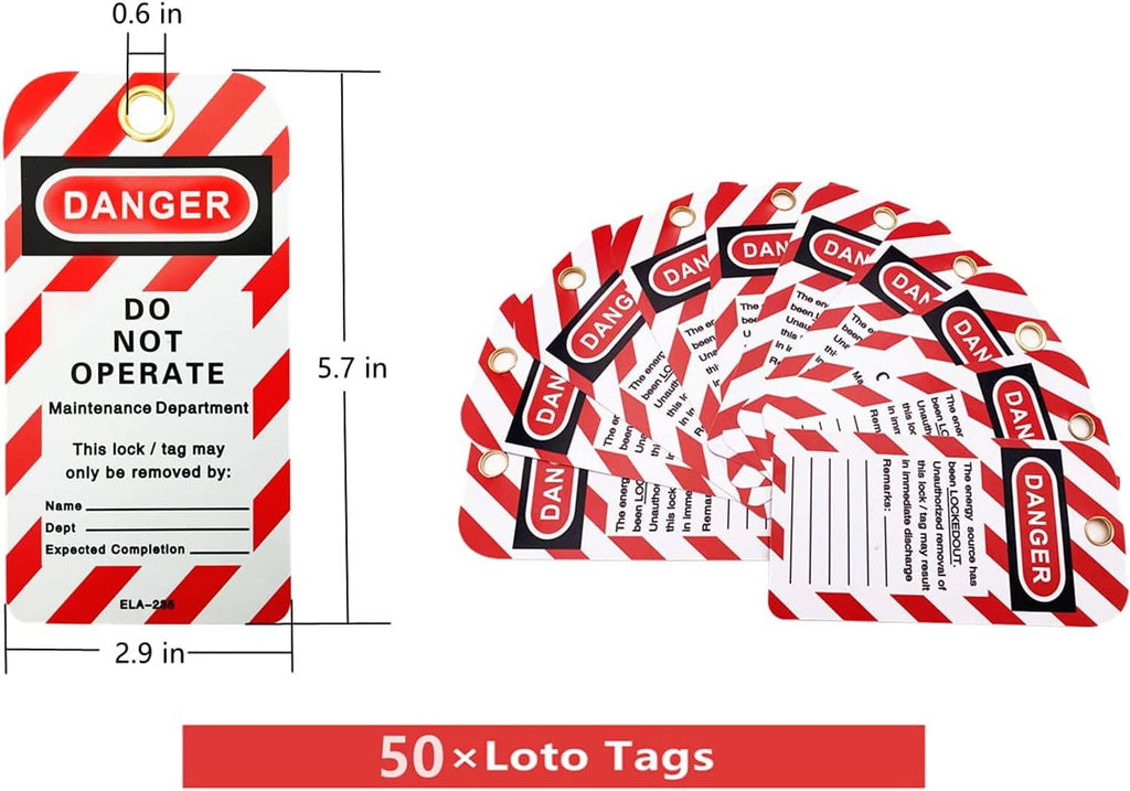 Lockout tag sheet with red and white Danger Do Not Operate notices, measurement labels