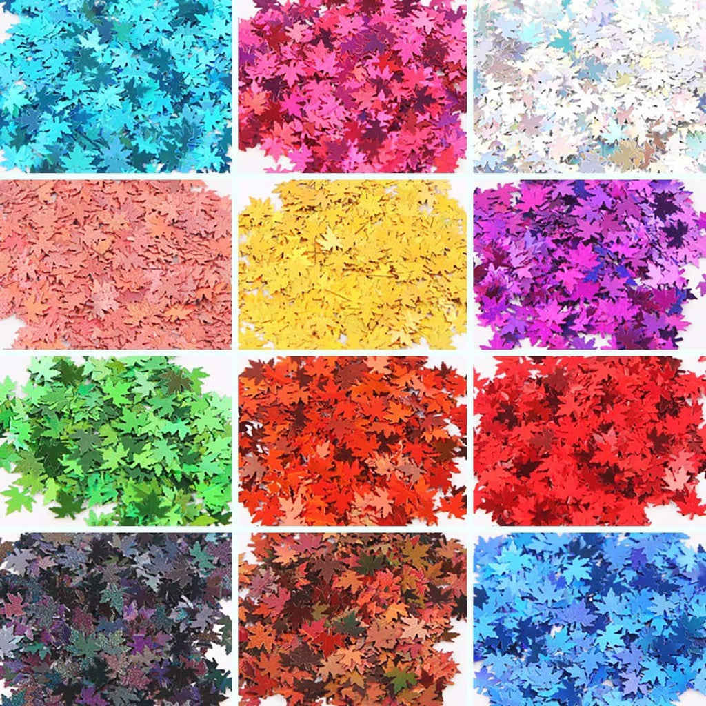 Grid of maple leaf nail glitter color swatches, holographic foil flakes