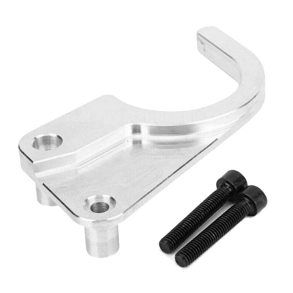 Timing chain lower guide bracket with mounting bolts, silver metal finish.