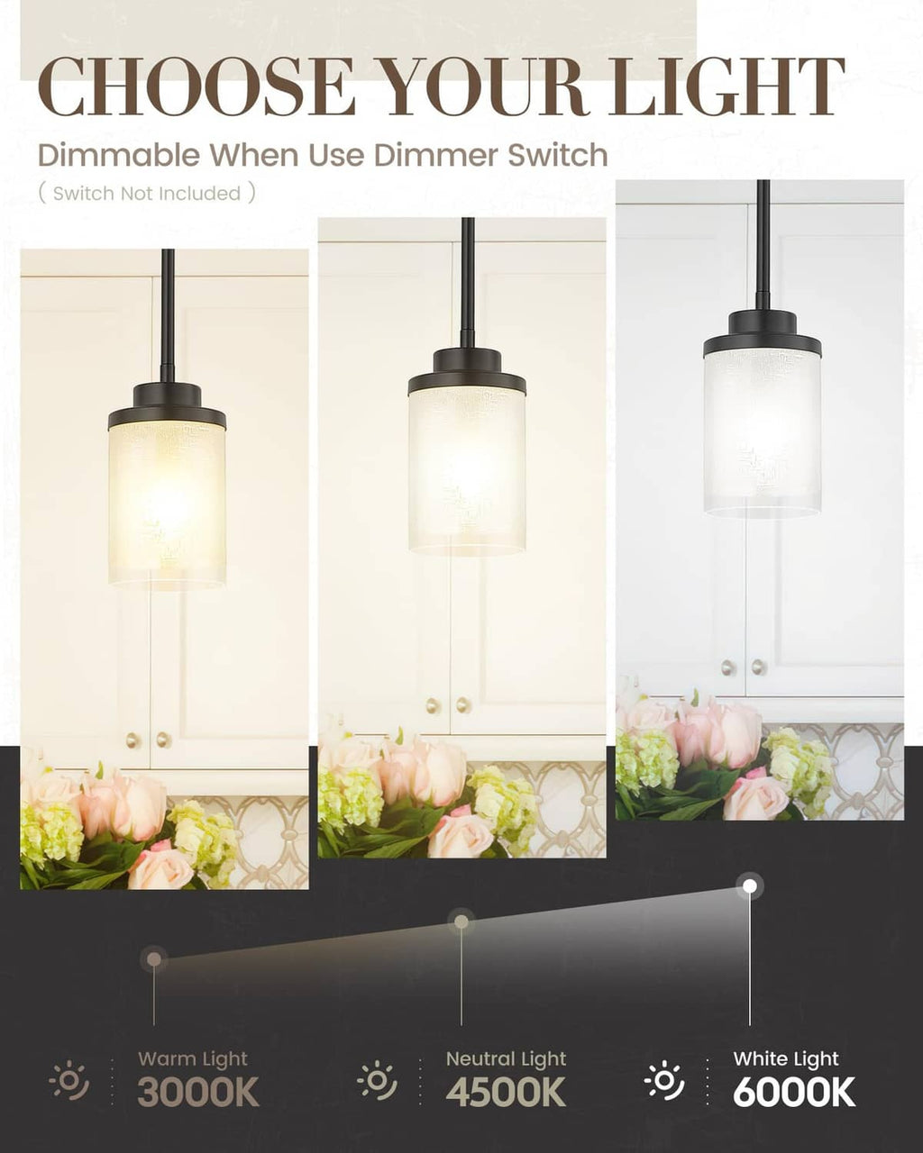 Three matte black pendant lights with frosted glass cylinder shades and round ceiling caps.