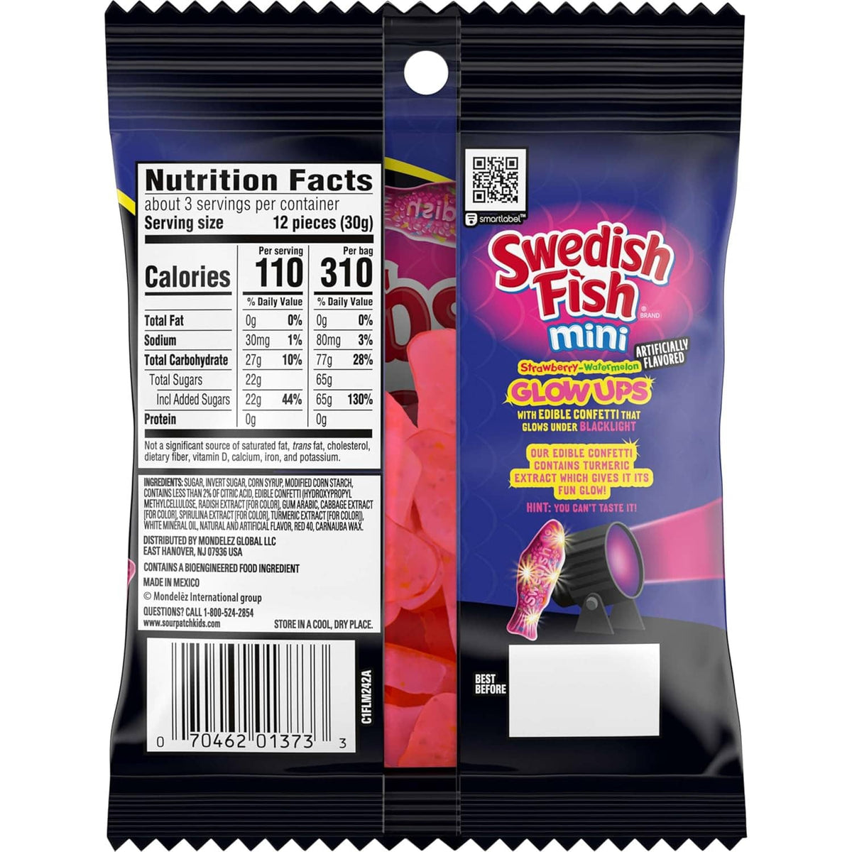 Swedish Fish mini glow ups gummy candy bag back with Nutrition Facts panel