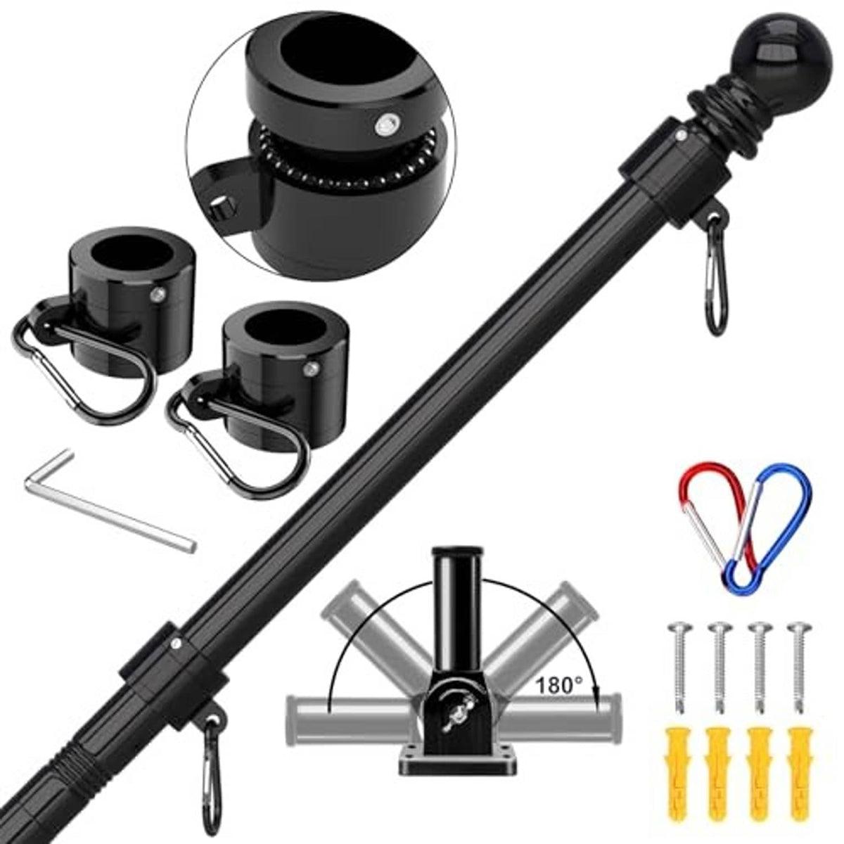 Black rotating flag pole kit with 7 ft pole, base mounts, screws, and tie cords