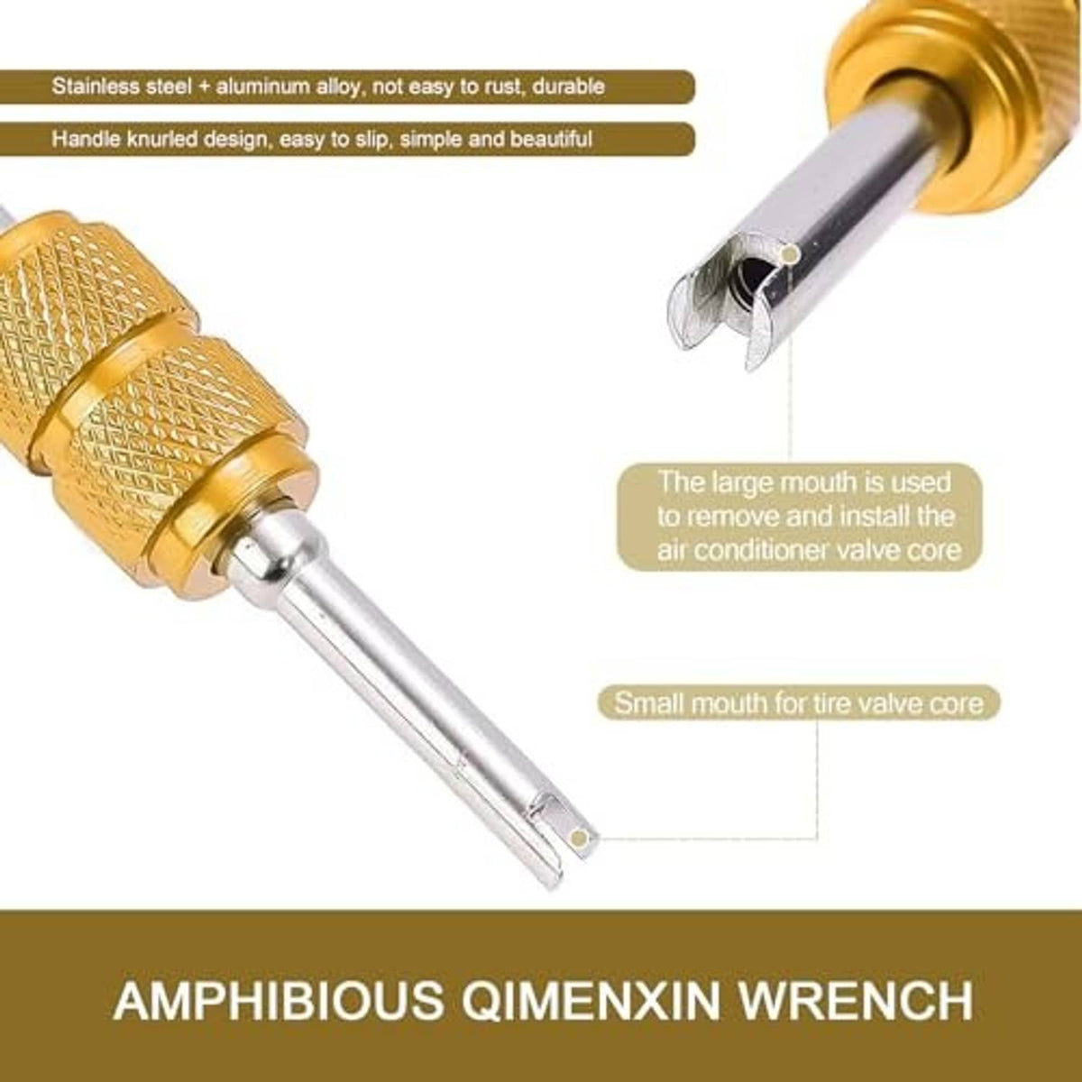 Gold knurled valve core removal wrench with needle tip and silver shaft