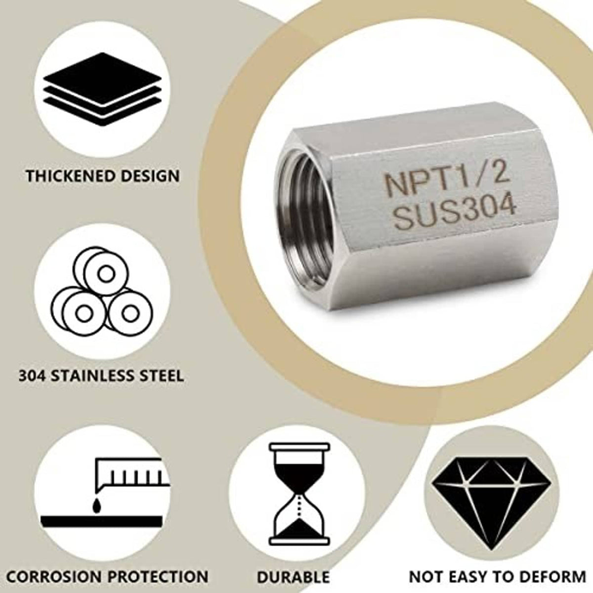 Stainless steel hex coupling with NPT 1/2 marking SUS304; female threaded port