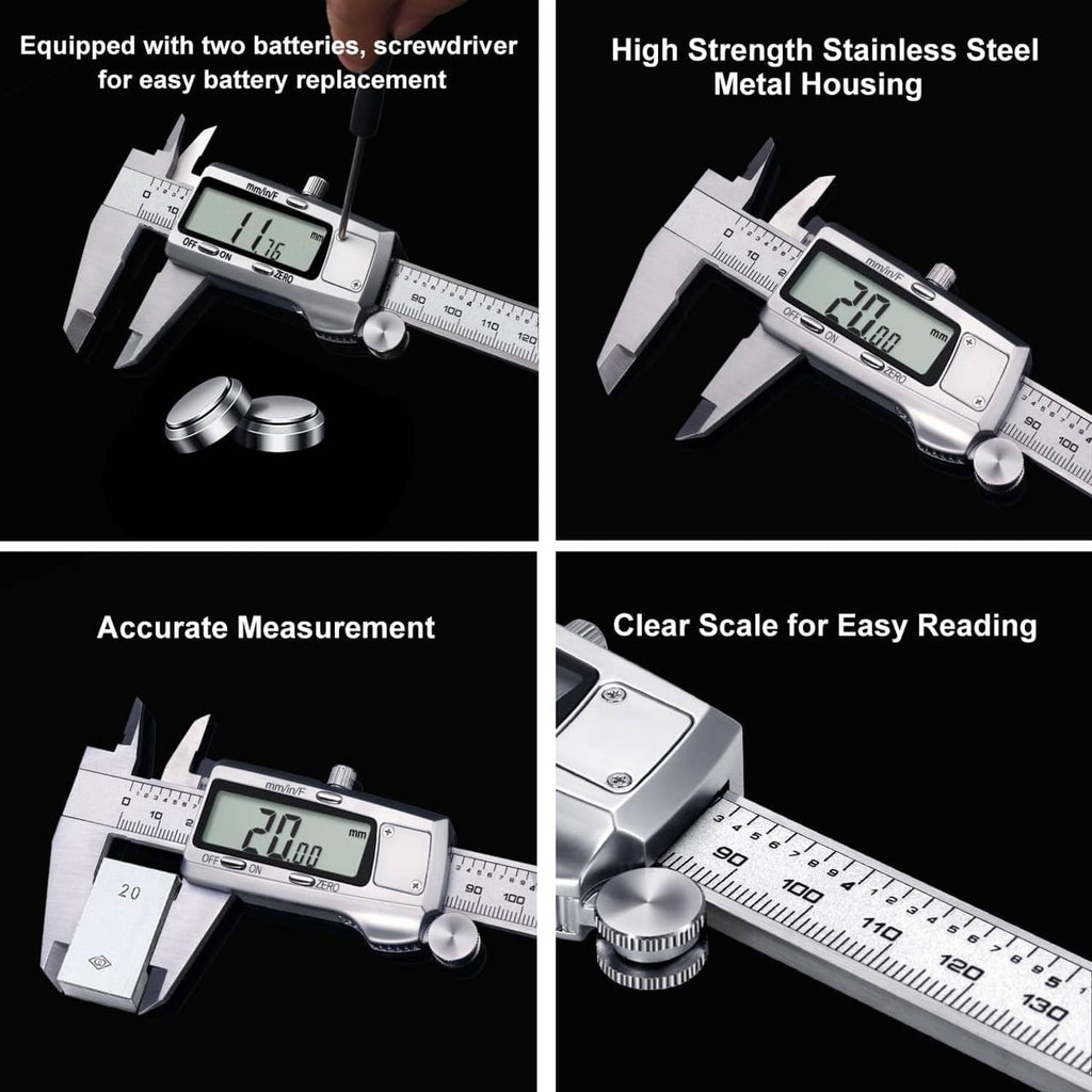 Silver digital caliper with LCD reading and ruler scale, thumb roller detail