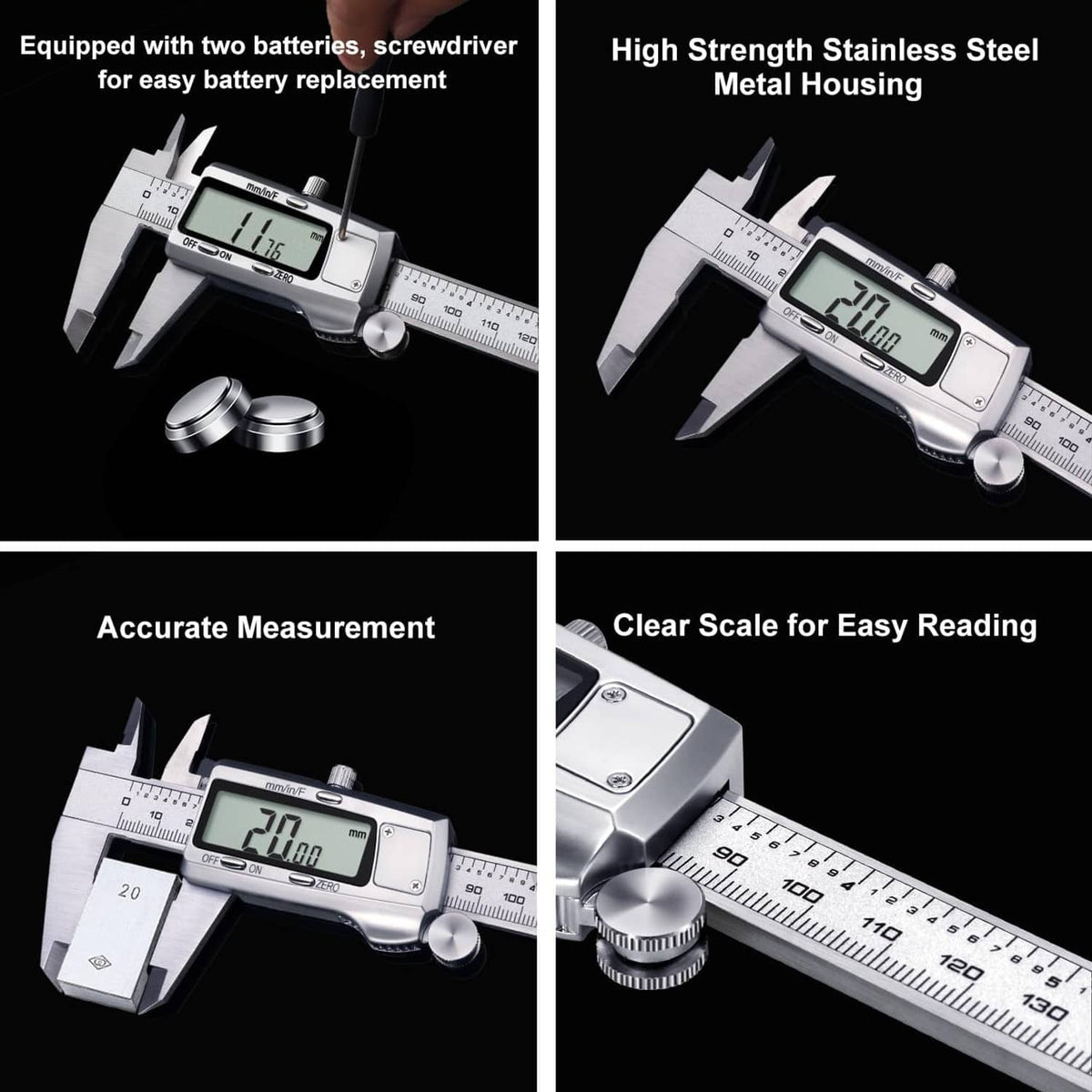 Silver digital caliper with LCD reading and ruler scale, thumb roller detail