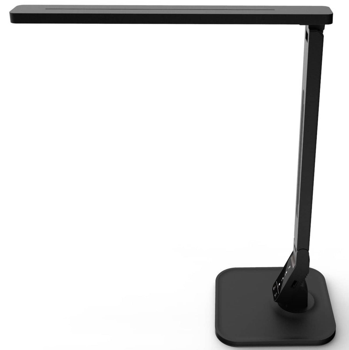Black LED desk lamp with slim rectangular light bar on square base, adjustable neck