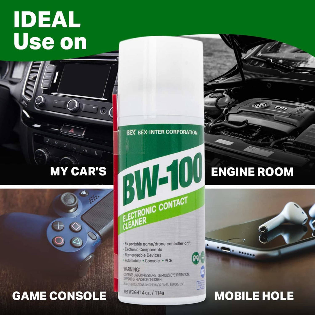 BW-100 electronic contact cleaner spray bottle with use icons for car, engine room, console
