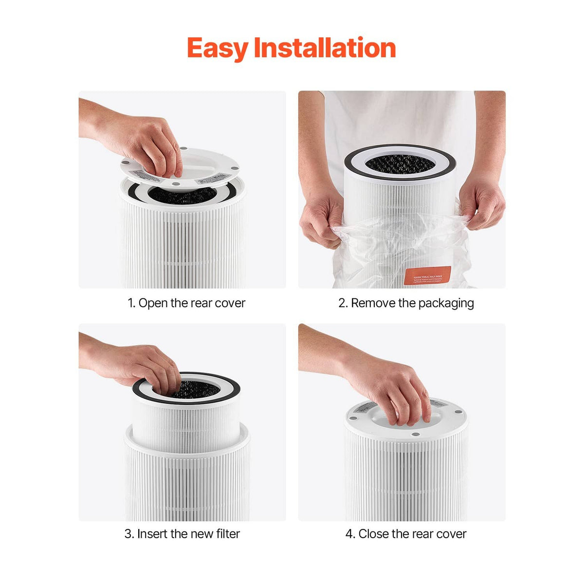 White cylindrical replacement air filter with hands showing easy rear-cover installation steps