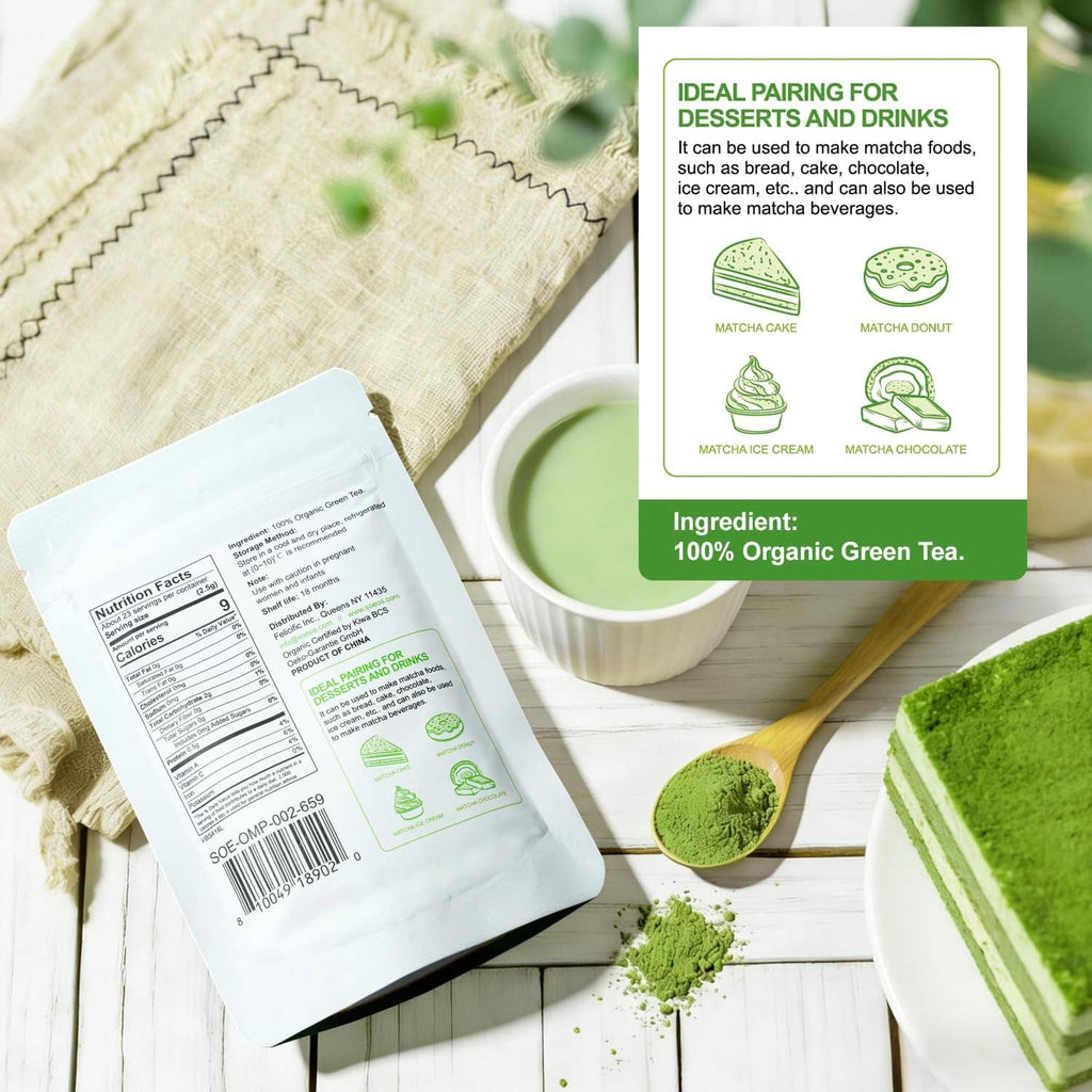 Soeos Organic Matcha Powder pouches with bowl of green matcha and measuring spoon