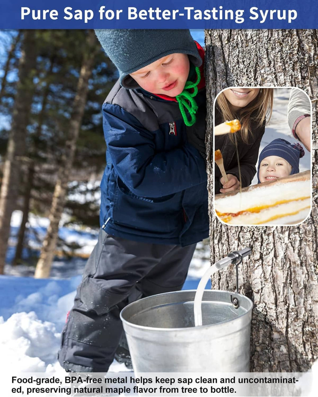 Maple syrup tapping kit with stainless spile and metal sap collection pail at tree