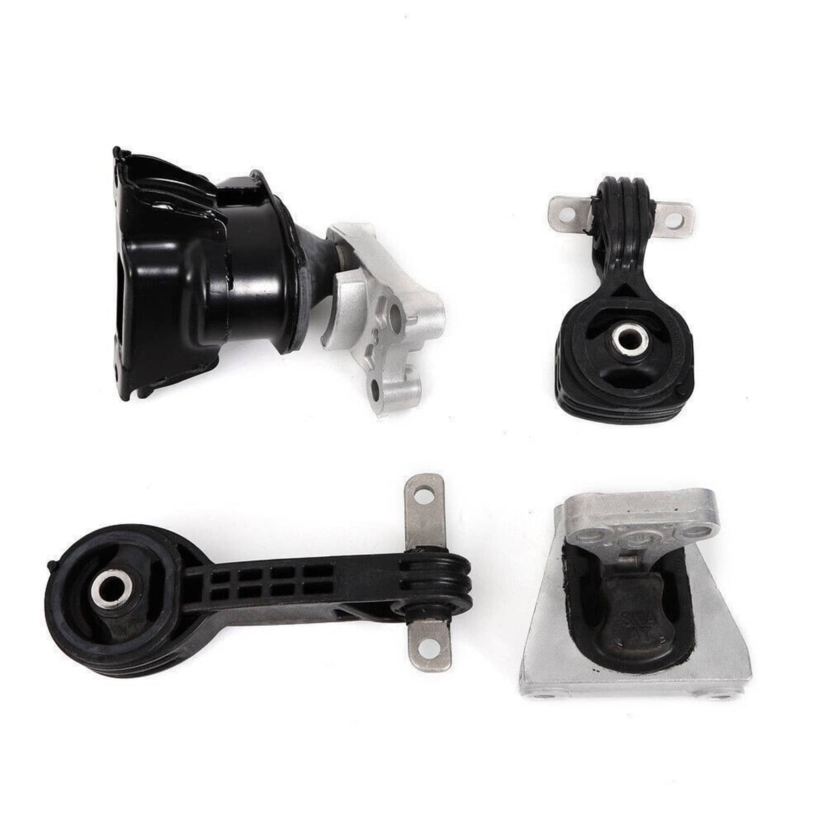 Engine mount set with black rubber isolators, metal arms, and base plates