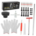 Tire valve stem installation tool kit with red handle, black caps, wrench and valve parts
