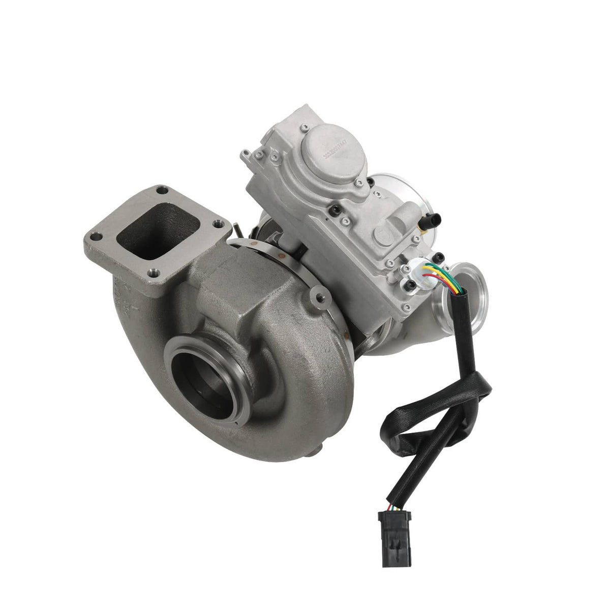 Turbocharger with electrical connector cable and metal actuator, side view