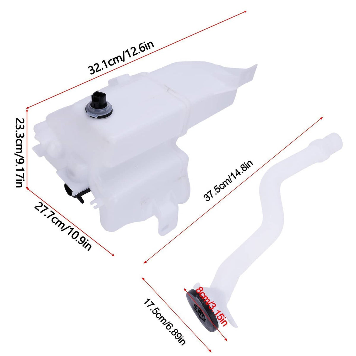 Windshield washer reservoir tank and hose dimensions view with black cap and nozzle