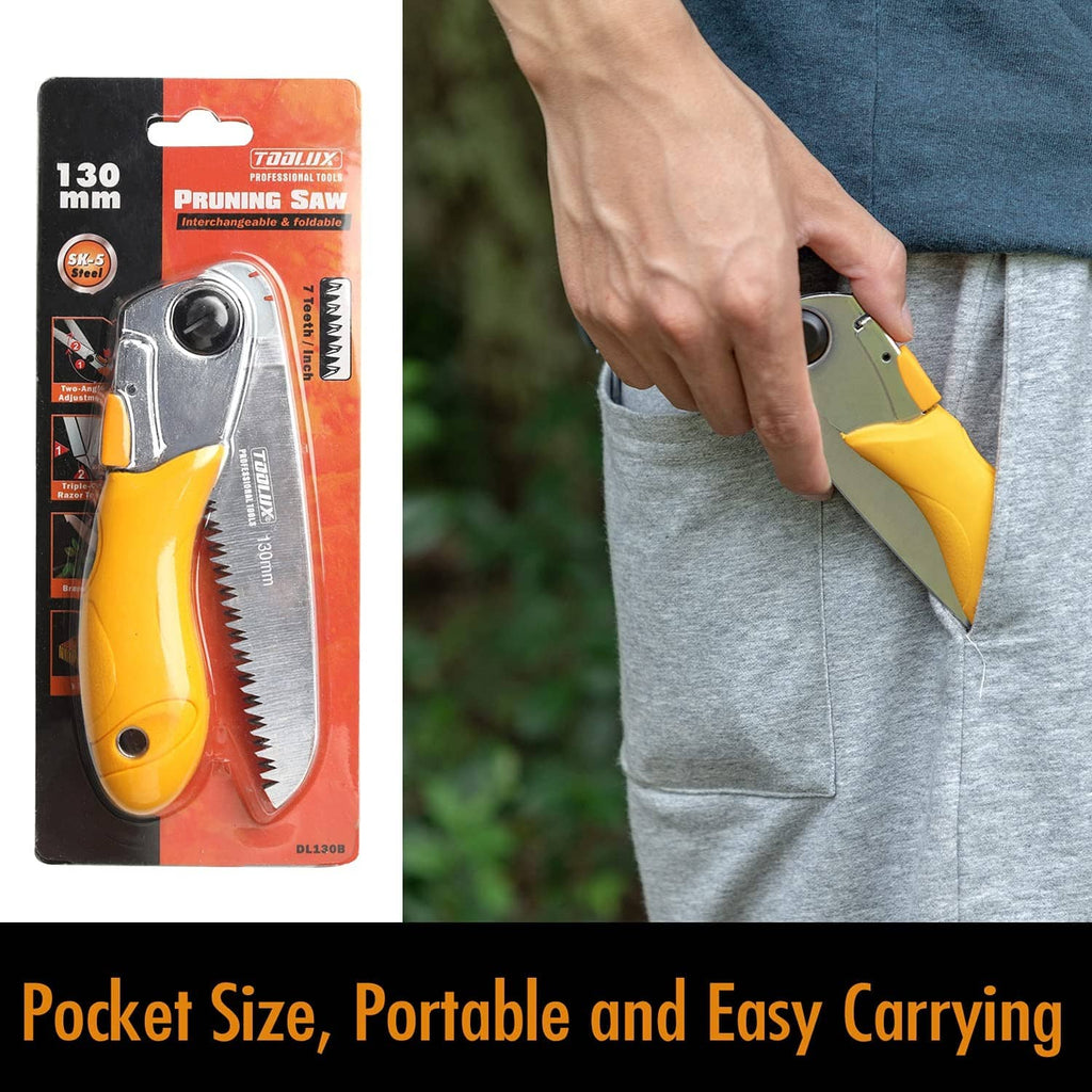 5-inch folding pruning saw with yellow handle and silver blade, shown on retail blister