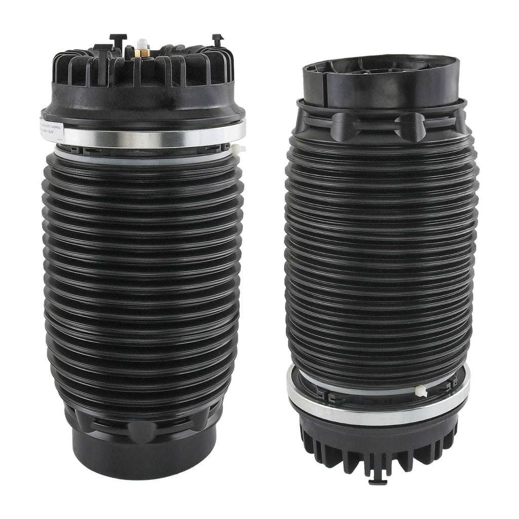 Pair of black air suspension spring bags with valve caps and ribbed bellows