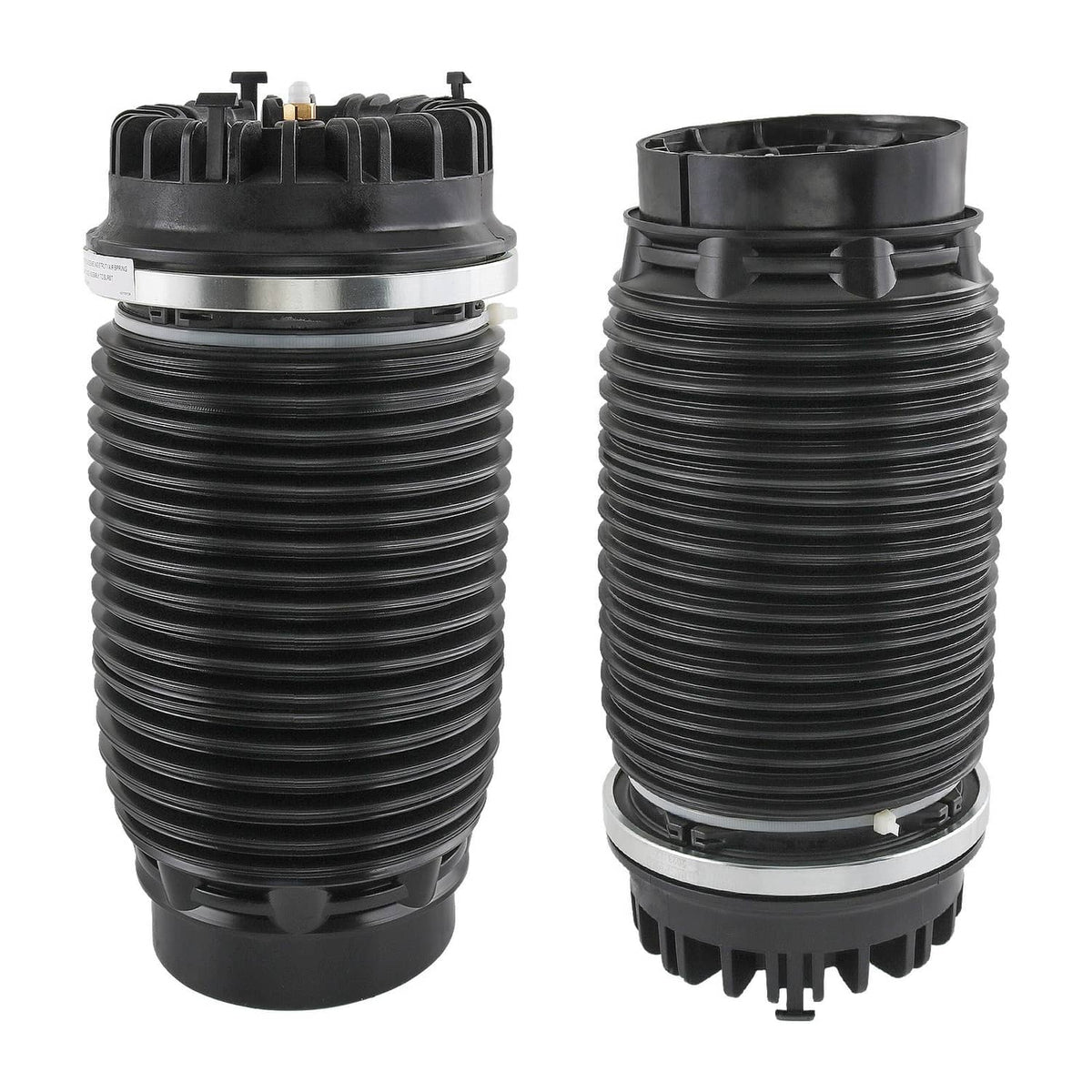 Pair of black air suspension spring bags with valve caps and ribbed bellows