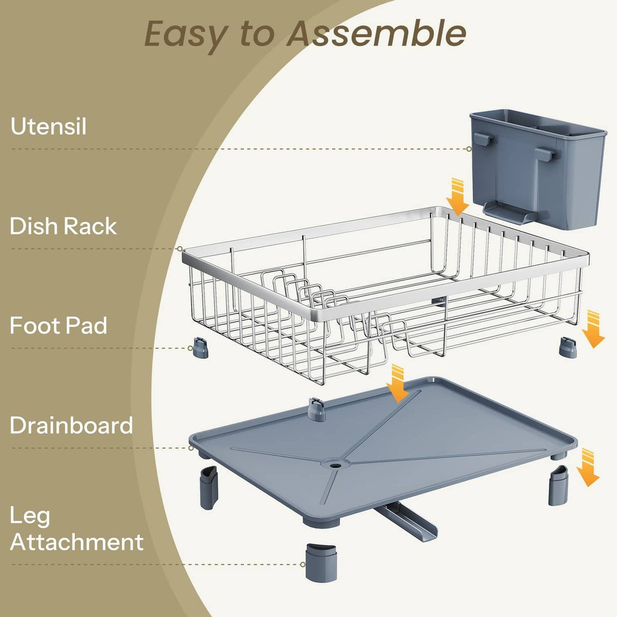 Dish rack assembly with wire rack, detachable drainboard, and foot pads