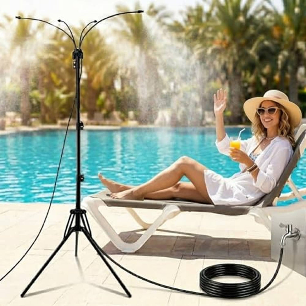 Outdoor patio mist sprayer stand with tripod base and tall adjustable nozzle array