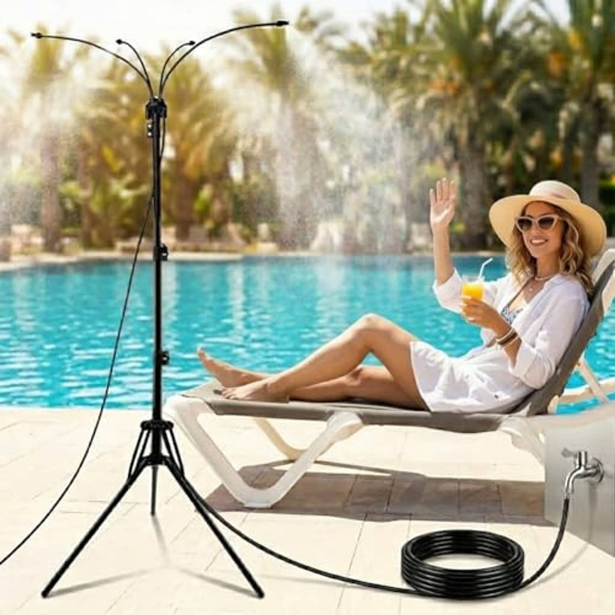 Outdoor patio mist sprayer stand with tripod base and tall adjustable nozzle array