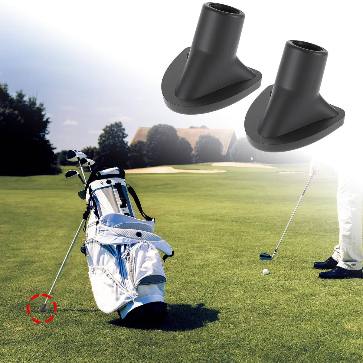 Black replacement stand feet shown with golf bag, two-piece set