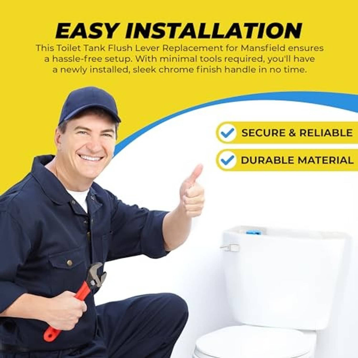 Chrome flush lever on a white toilet tank with installation thumbs-up