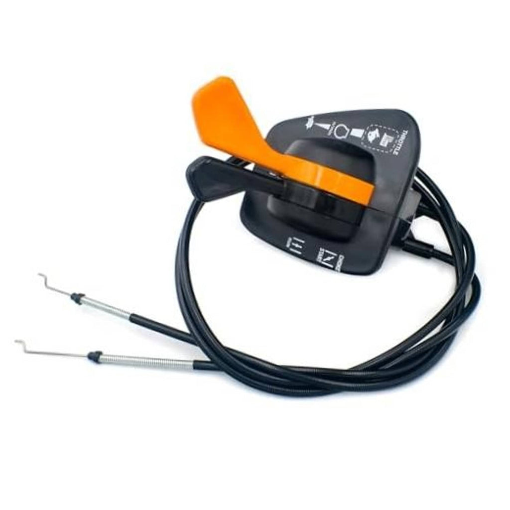 Throttle/choke cable assembly with orange-and-black handle and two cable lines