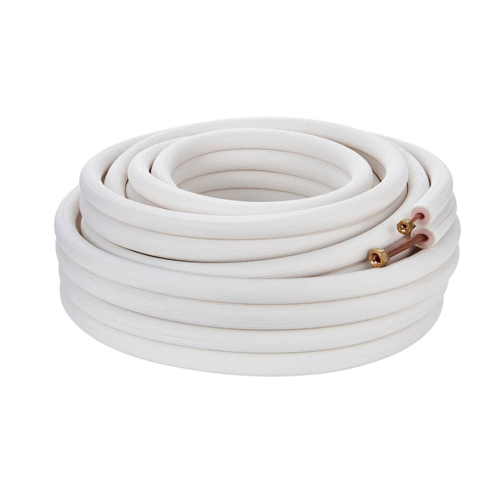 Rolled insulated mini split line set tubing with two copper fittings on white insulation