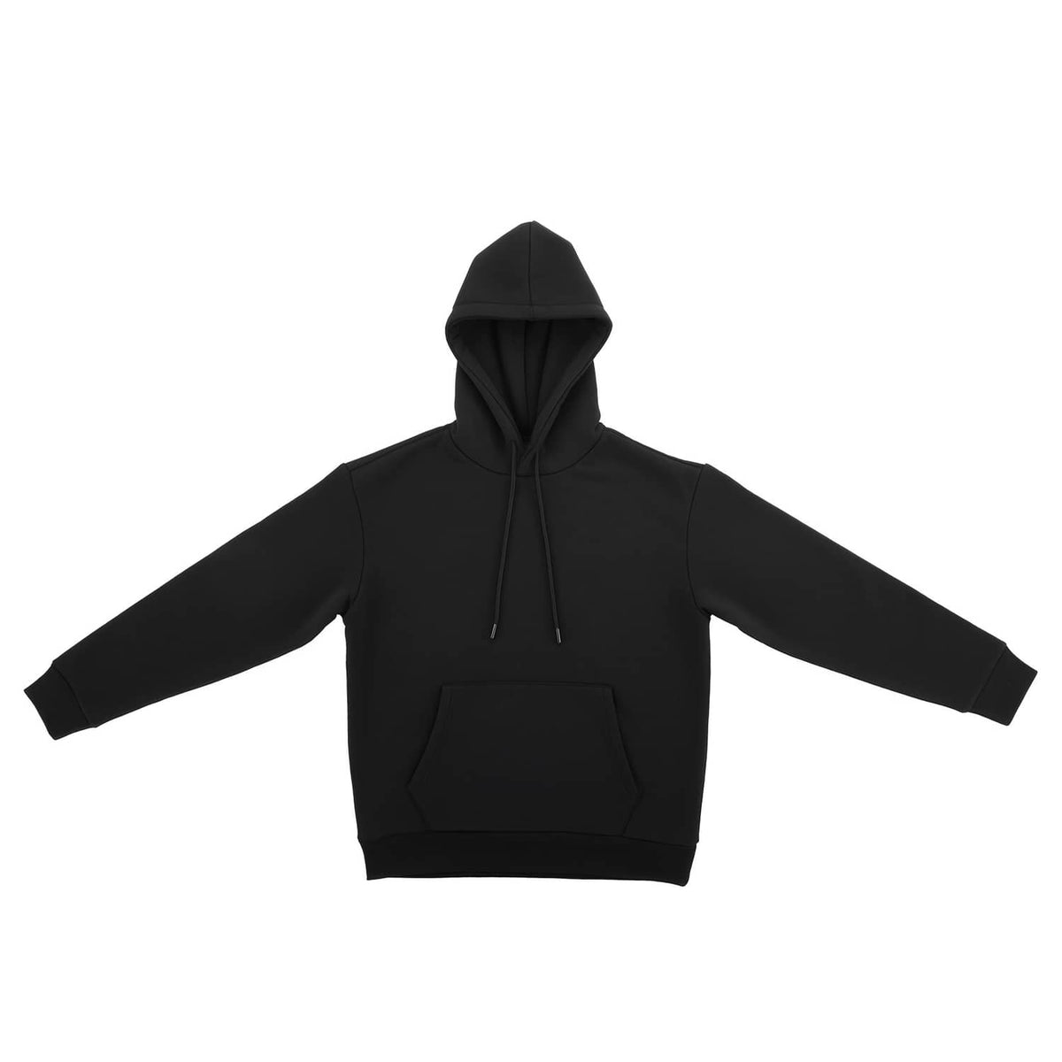 Women's black fleece pullover hoodie, front hood with drawstrings and kangaroo pocket
