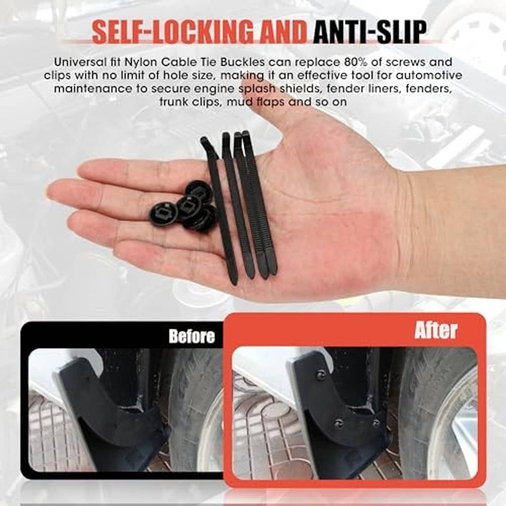 Black self-locking nylon zip ties with buckle, held in hand over vehicle parts