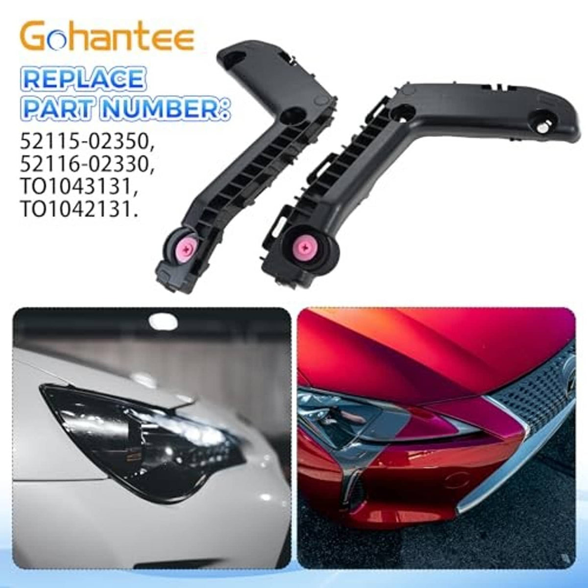 Black plastic bumper bracket pair with pink mounting pins for front bumper support
