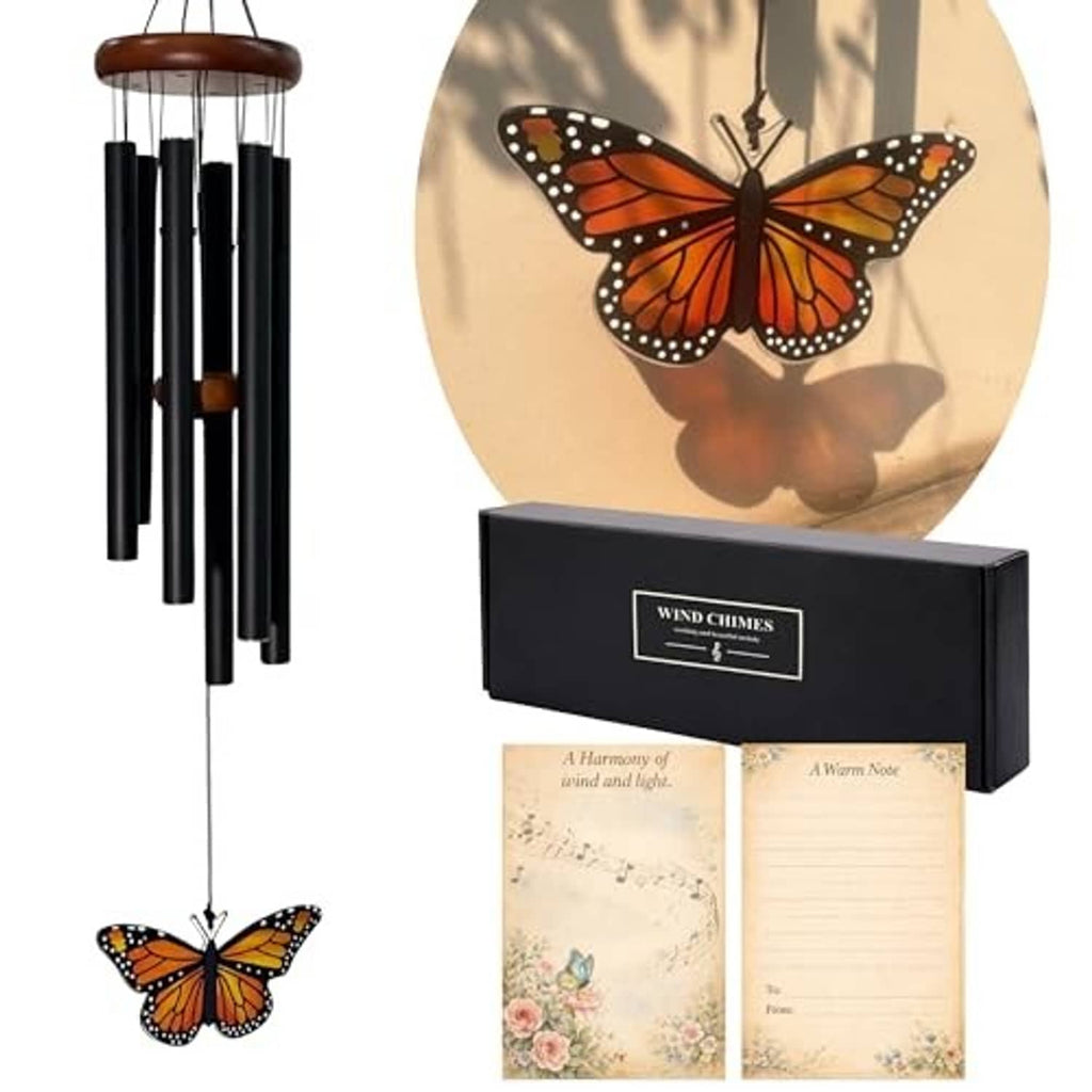 Black outdoor wind chimes with monarch butterfly glass pendant and boxed set