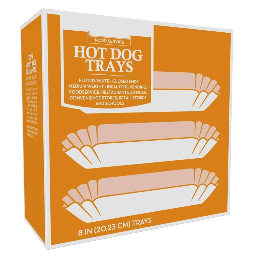 Hot dog tray box with white 8 in trays, 100 pack